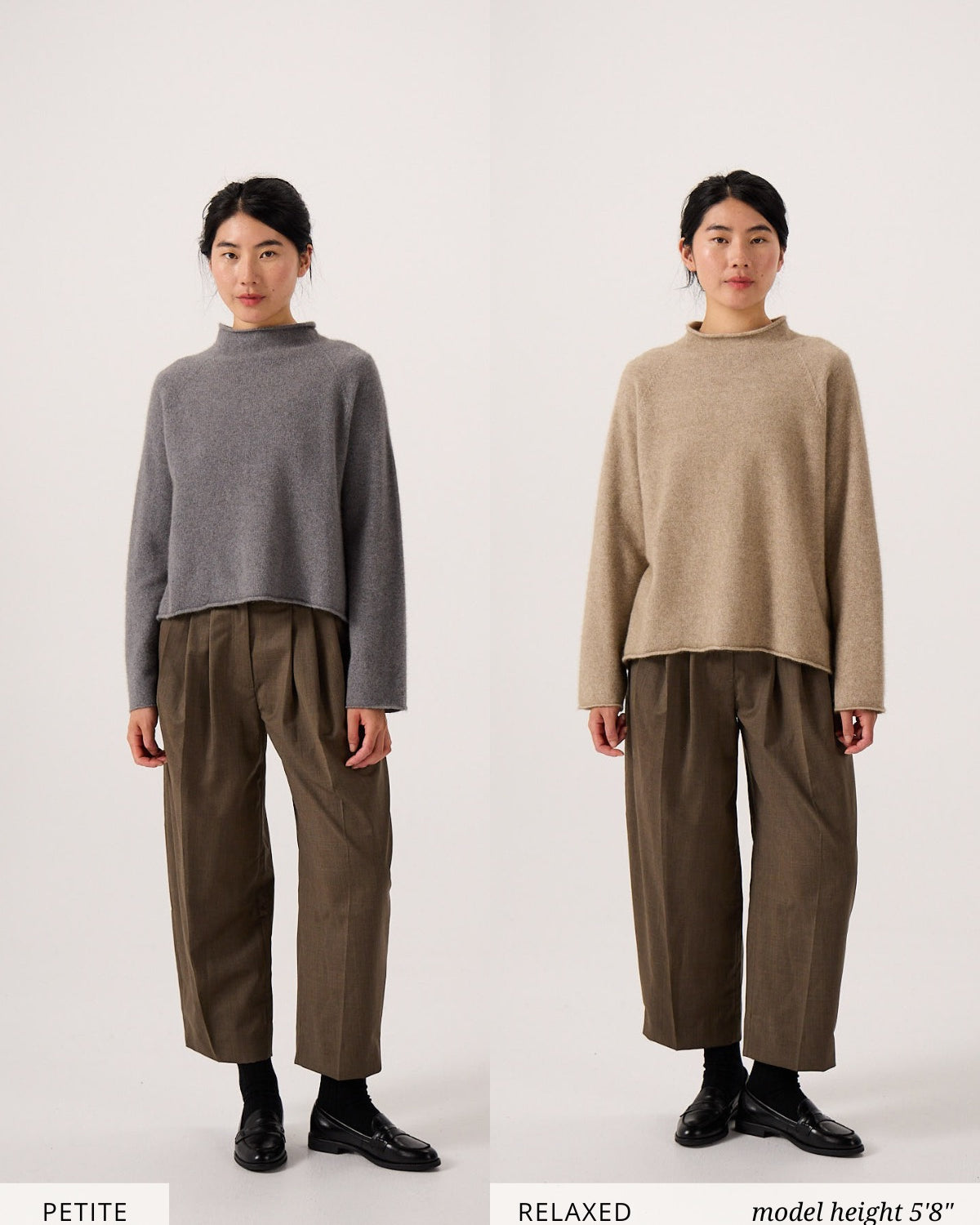 Side-by-side comparison of a woman in the Eclipse Knit – Natural sweater (relaxed fit) and a gray sweater (petite fit), both styled with brown pants and black shoes for a versatile look.