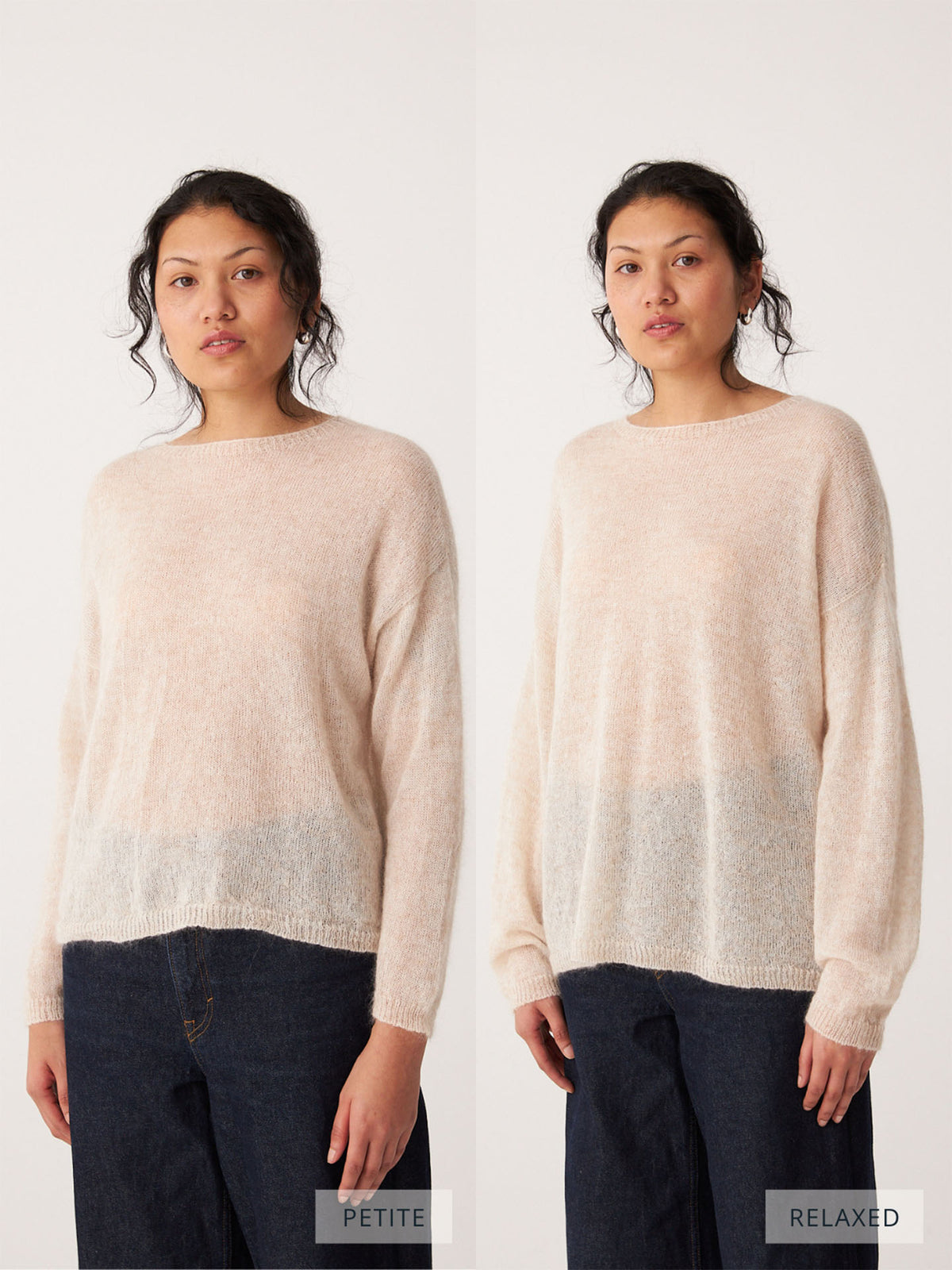 A woman wears the Feather Knit – Creme sweater in two fits—petite on the left and relaxed on the right—both paired with dark jeans against a plain background.