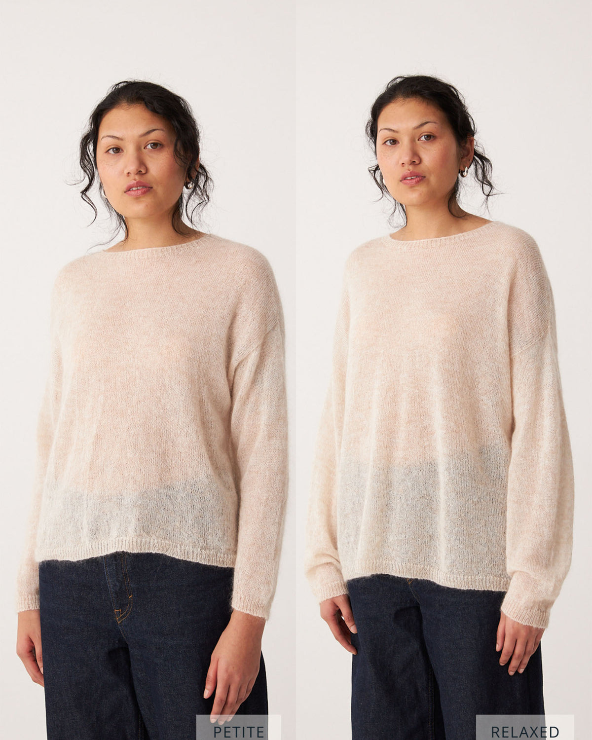 A woman wears the Feather Knit – Creme sweater in two fits—petite on the left and relaxed on the right—both paired with dark jeans against a plain background.