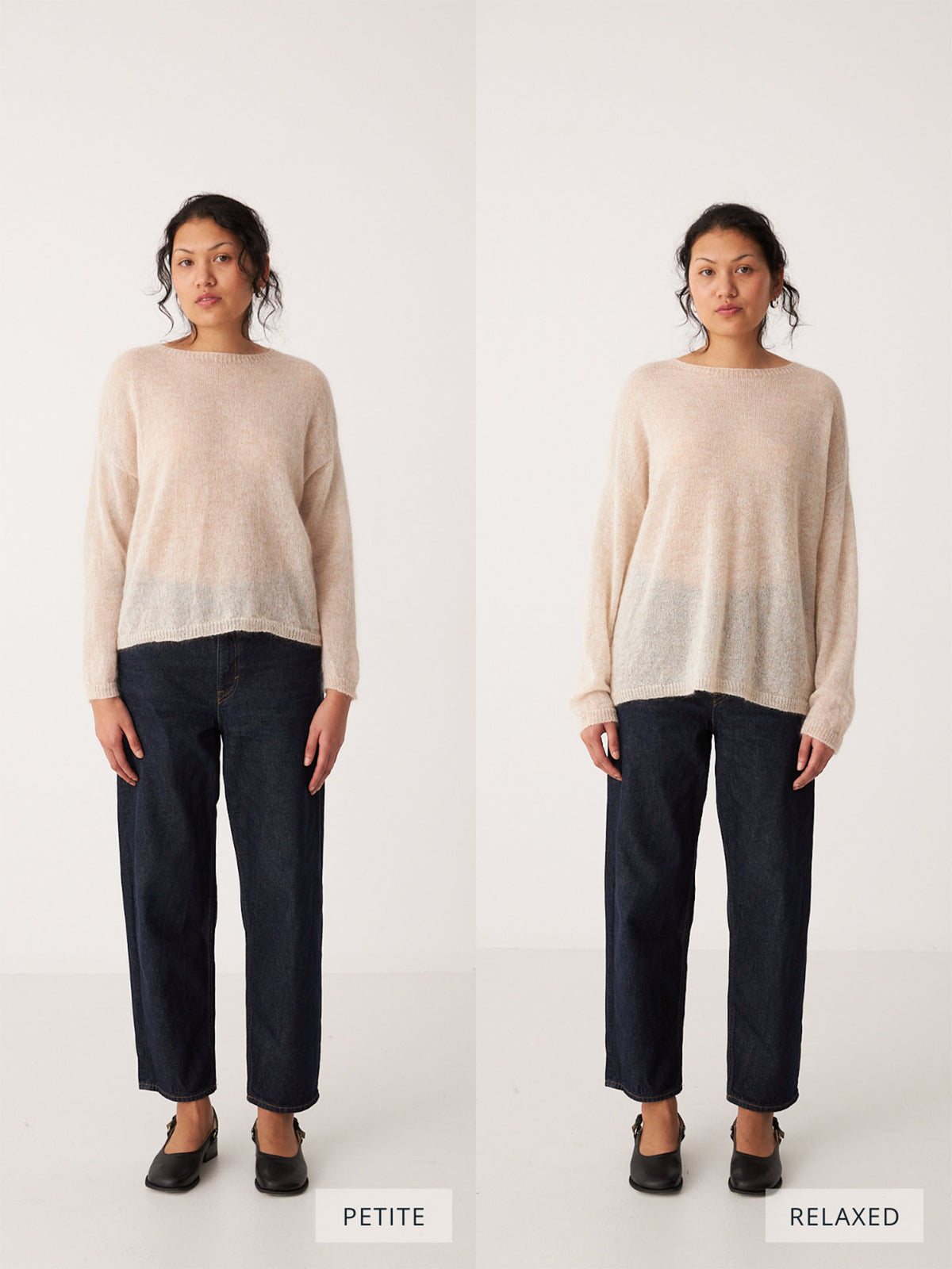 A woman wears a Feather Knit – Creme sweater with dark jeans in two side-by-side photos labeled &quot;petite&quot; and &quot;relaxed fit,&quot; showing the cozy sweater styled in different fits.