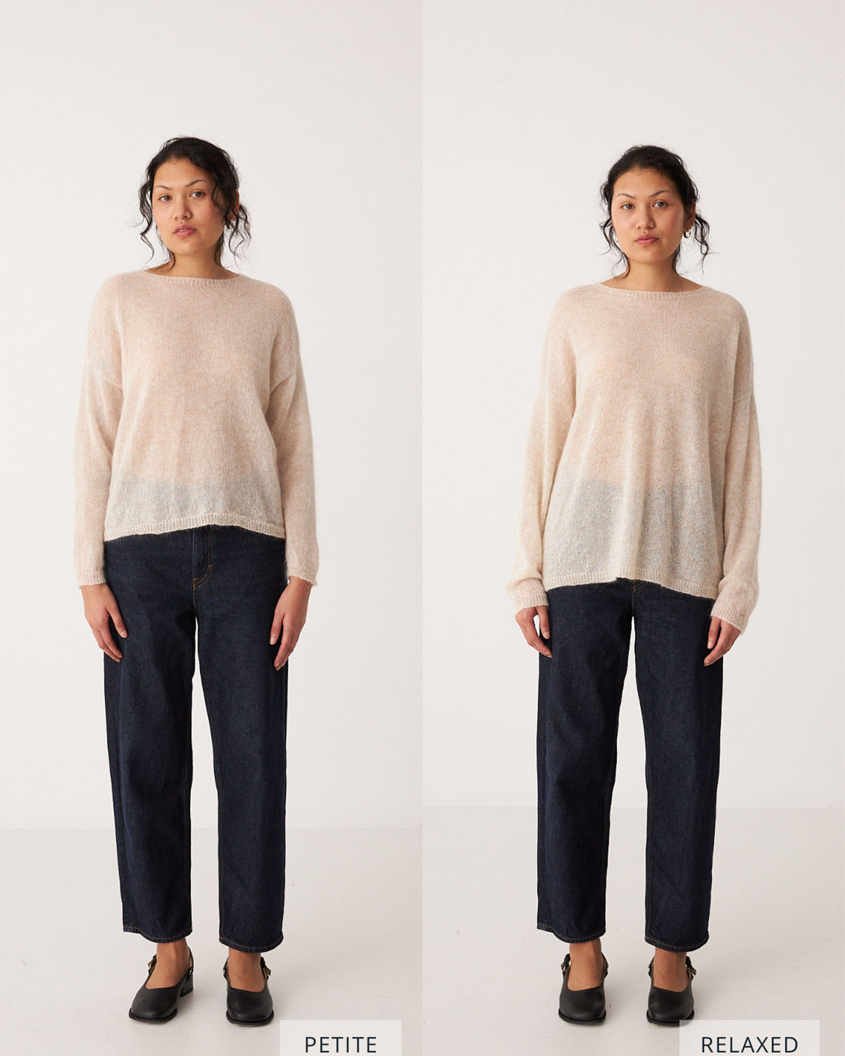 A woman wears a Feather Knit – Creme sweater with dark jeans in two side-by-side photos labeled "petite" and "relaxed fit," showing the cozy sweater styled in different fits.