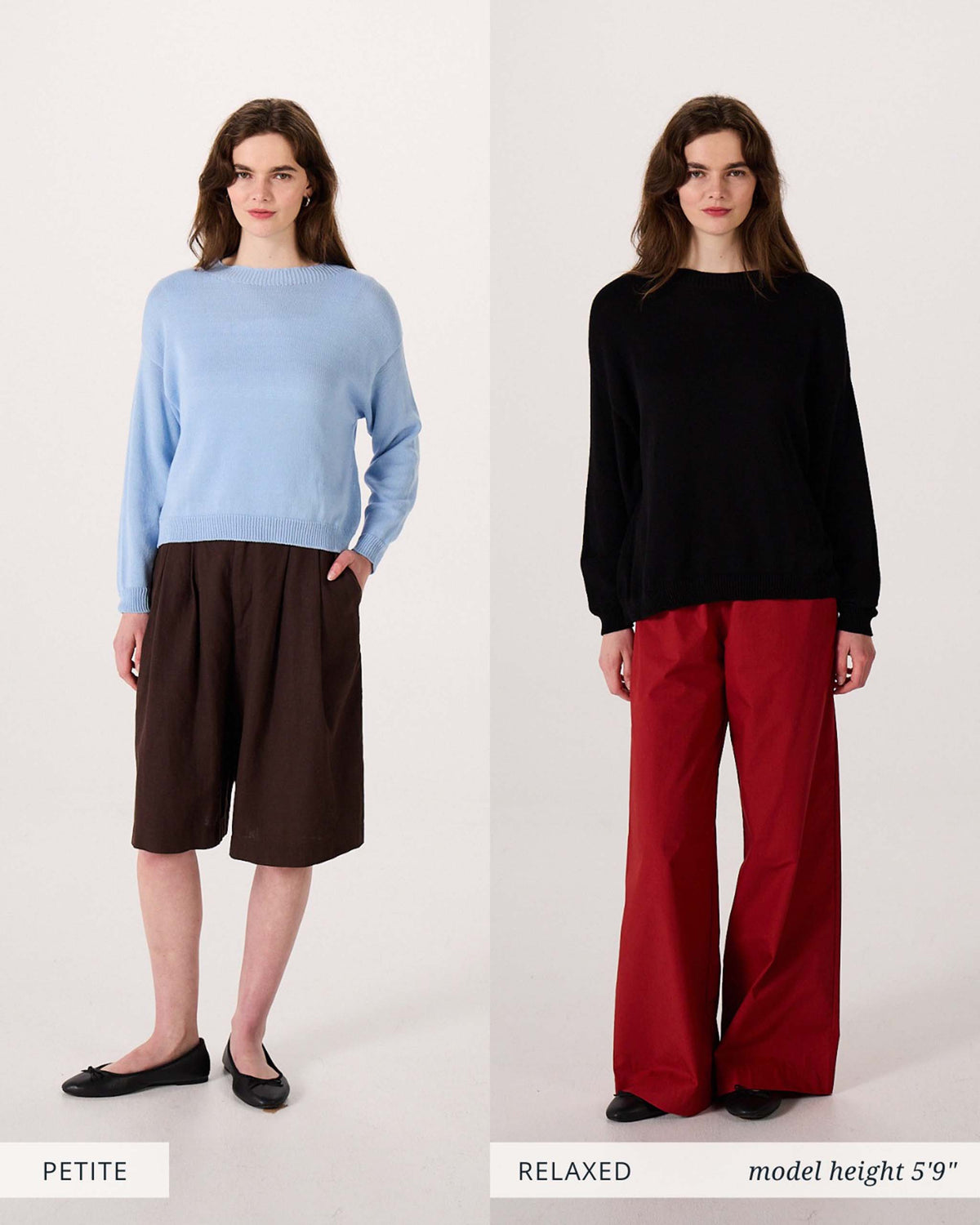 Side-by-side comparison of a woman in a light blue sweater and brown shorts labeled “Petite,” and in a black sweater with red wide-leg pants labeled “Relaxed,” with height noted as 5′9″.
