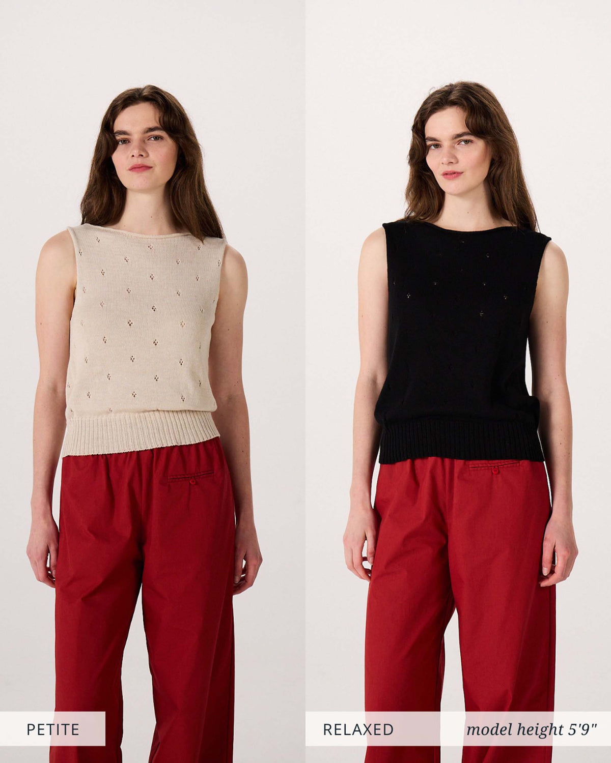 Two photos show the same woman in red pants and a sleeveless sweater: beige on the left labeled “PETITE” and black on the right labeled “RELAXED,” with “model height 5′9′’” noted.