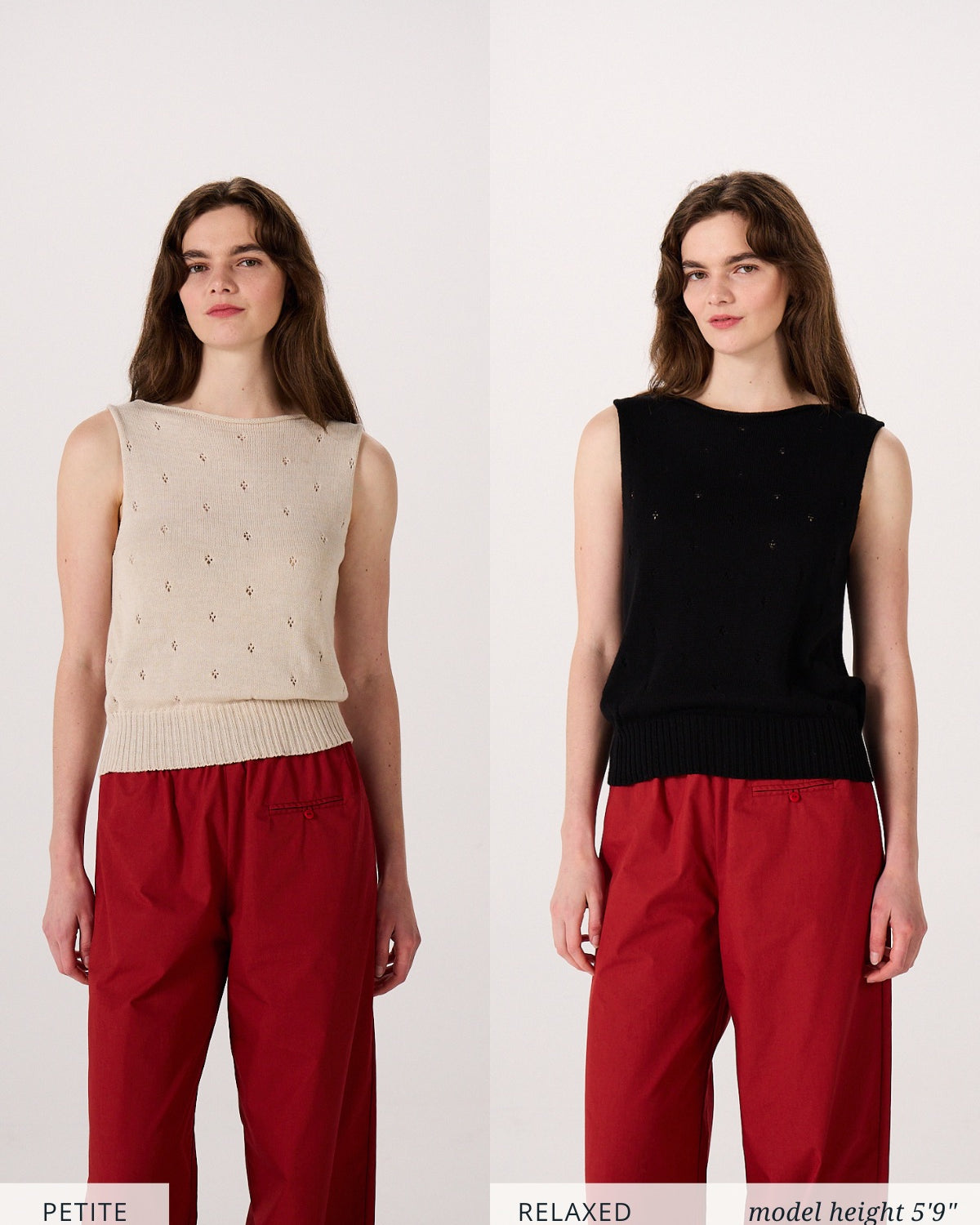 Two images of a woman in red pants and a sleeveless knit top, beige on the left labeled “PETITE,” black on the right labeled “RELAXED,” with text noting model height is 5′9″.