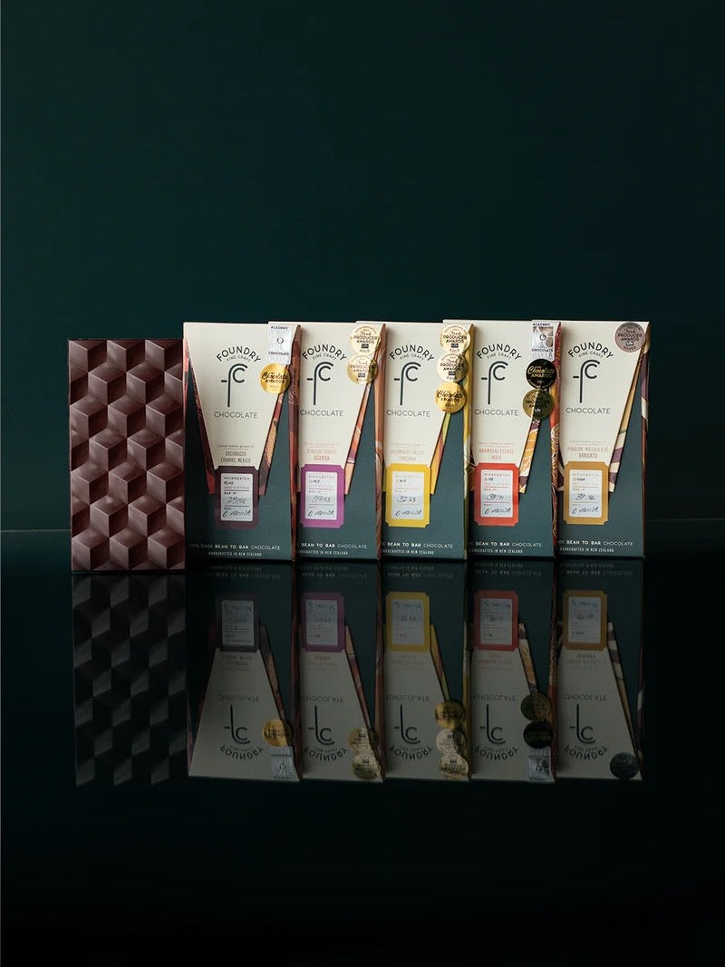 Five Foundry Chocolate Origin Gift Packs - Gold Winners in a row on a dark background, showcasing their single origins and tantalizing tasting notes.