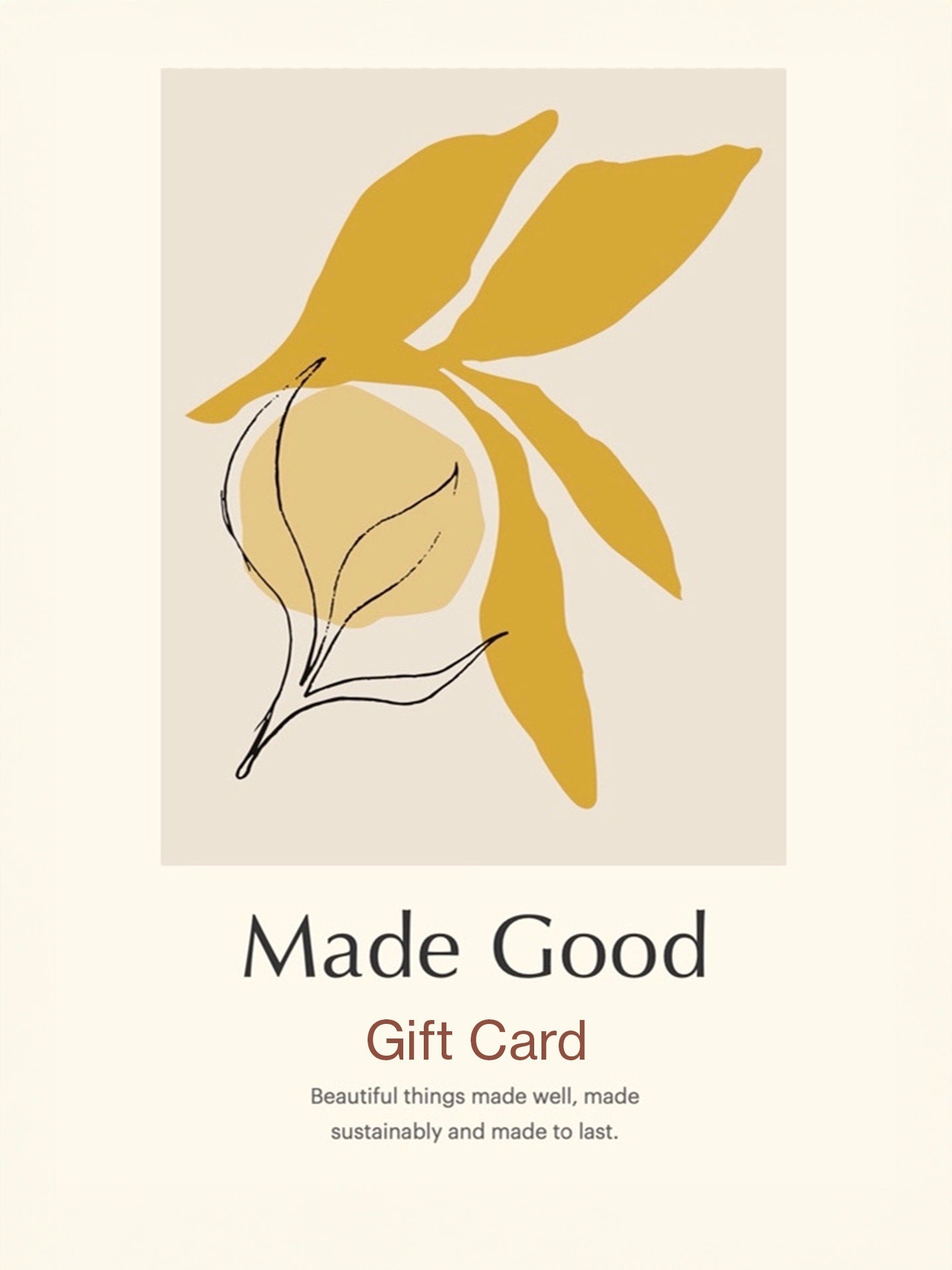 A redeemable Made Good Ltd gift card featuring a beautiful flower illustration, conveniently stored in Apple Wallet.