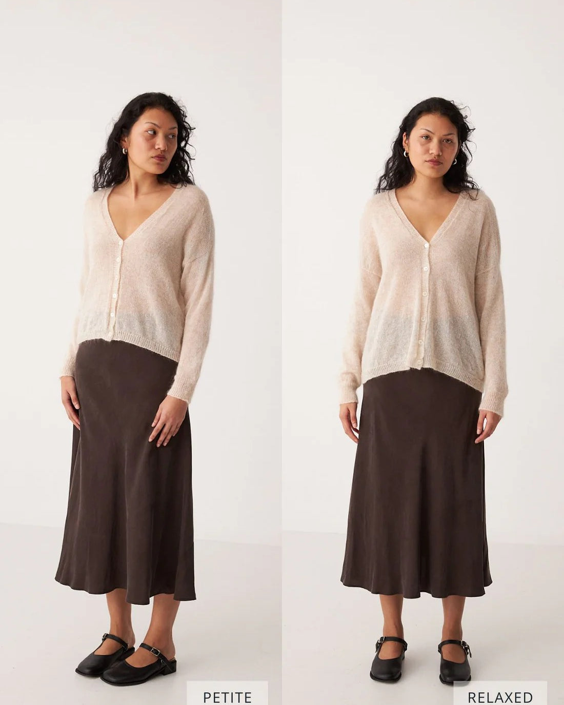 A woman wears the Mist Cardigan – Creme with a brown midi skirt, modeled in two fits—petite on the left and relaxed on the right—against a plain background.