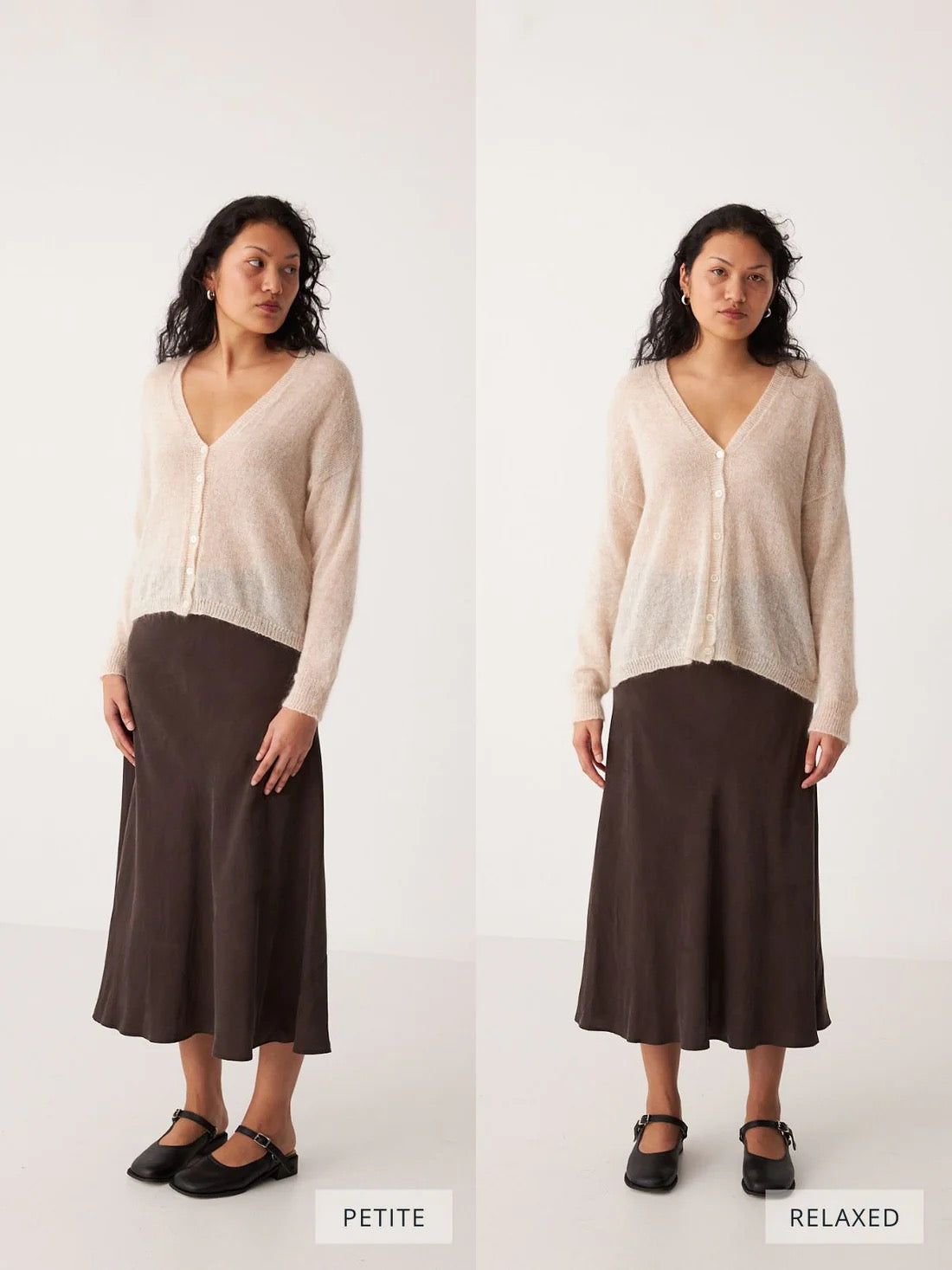 A woman wears the Mist Cardigan – Creme with a brown midi skirt, modeled in two fits—petite on the left and relaxed on the right—against a plain background.