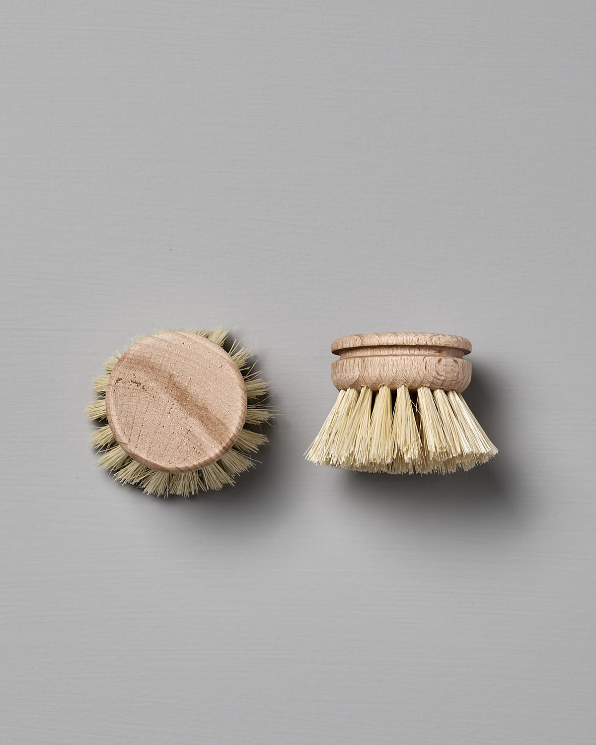 Two round wooden Replacement Dish Brush Heads by Iris Hantverk with light-colored Tampico fibre bristles and wooden tops are placed on a plain, light gray surface. One brush head is positioned upright, while the other lies flat, bristles facing outward.
