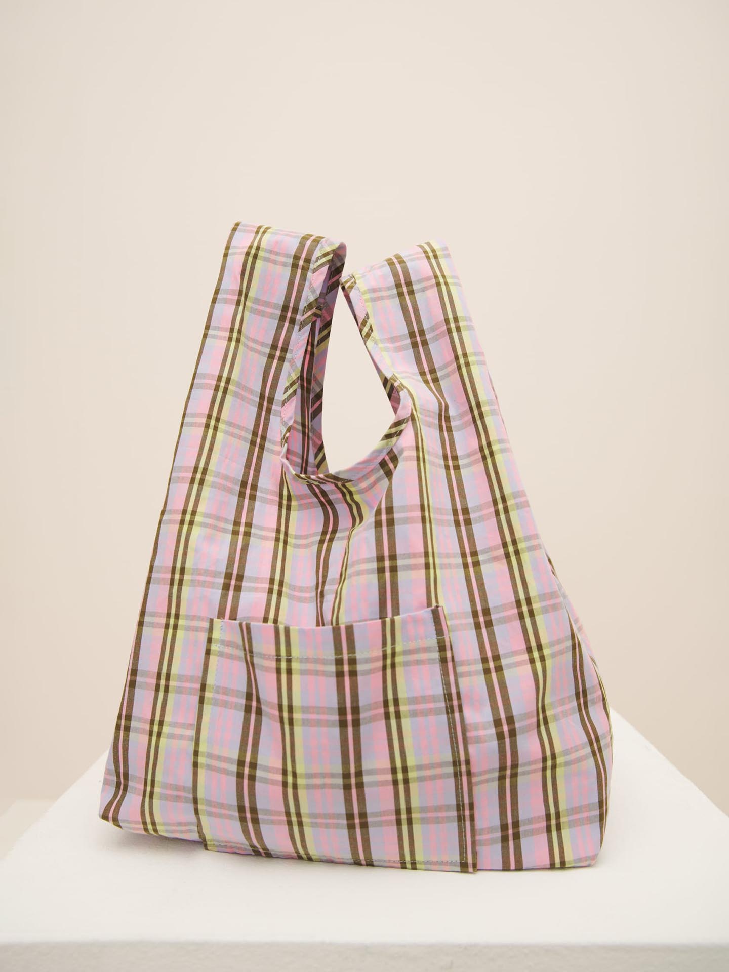 A Mini Market Bag – Pink Tartan from Kowtow displayed against a neutral background.
