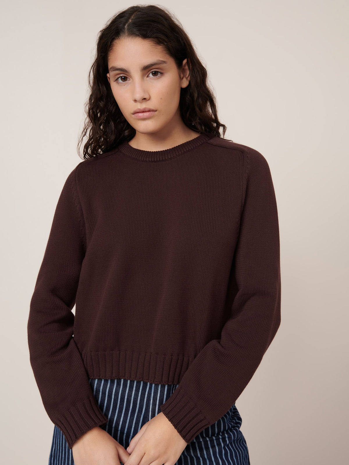 A woman with long, wavy dark hair wears the Kowtow Valley Jumper in Mahogany and a relaxed-fit blue striped skirt, standing against a plain beige background.