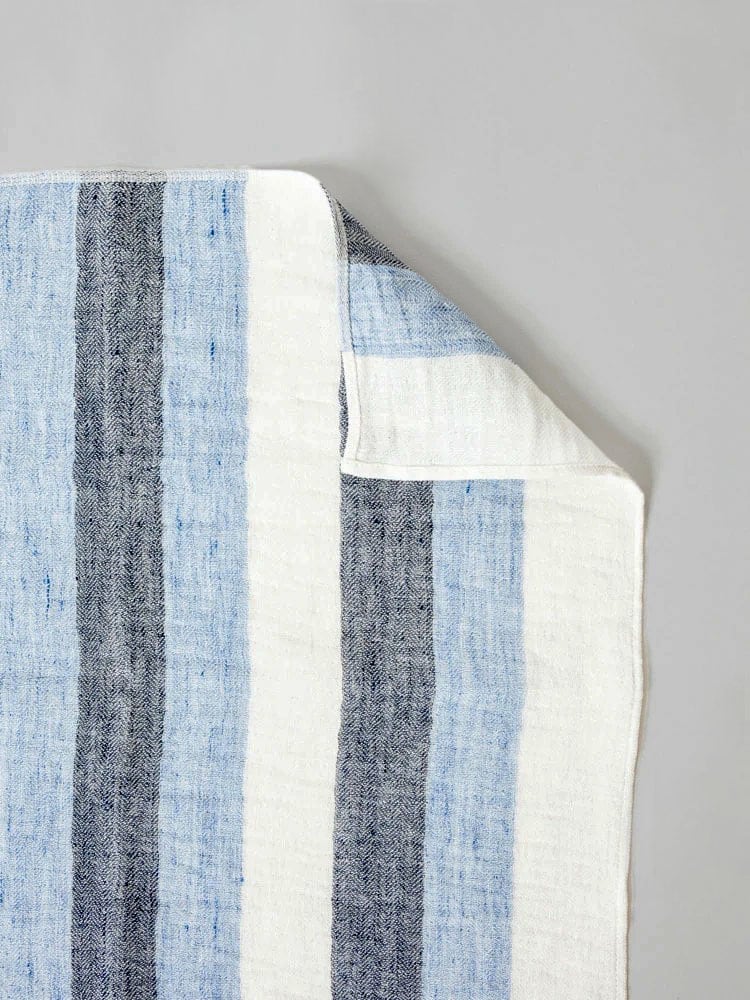 Close-up of the Linen Tea Towel – Blue from Kontex, showcasing its multi-striped, absorbent texture in shades of blue and white against a plain background.