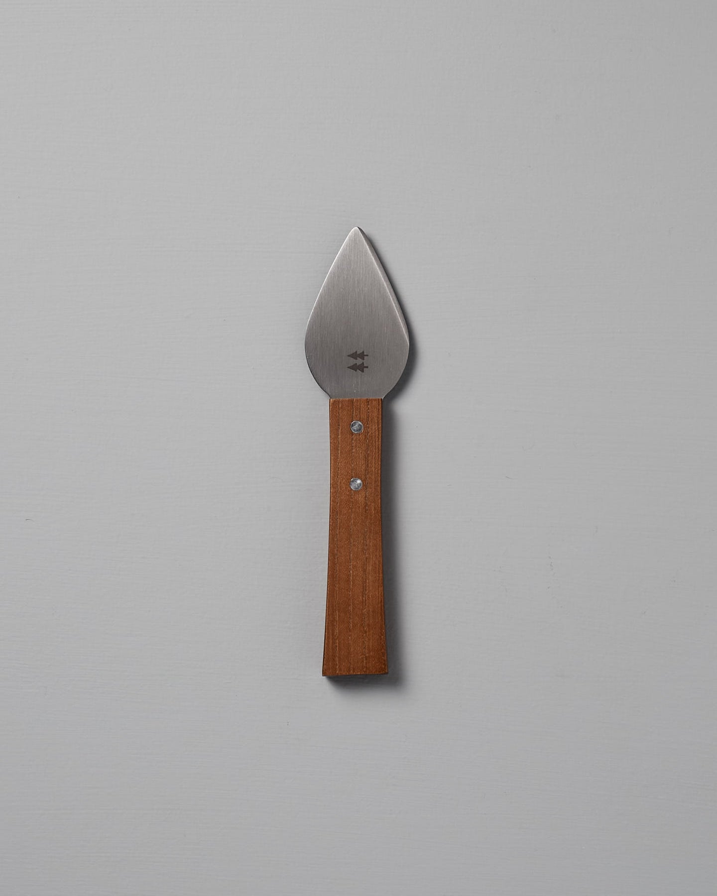The Morinoki Hard Cheese Knife by Shizu Hamono Co., featuring a pointed stainless steel blade and straight wooden handle, is centered on a plain light gray background.