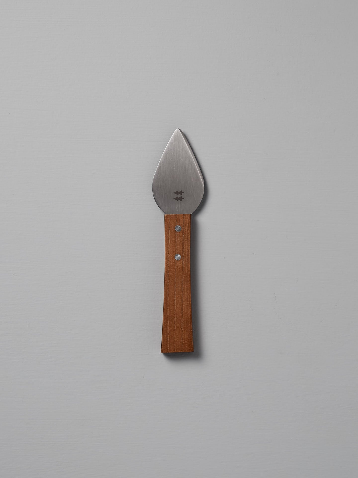 The Morinoki Hard Cheese Knife by Shizu Hamono Co., featuring a pointed stainless steel blade and straight wooden handle, is centered on a plain light gray background.