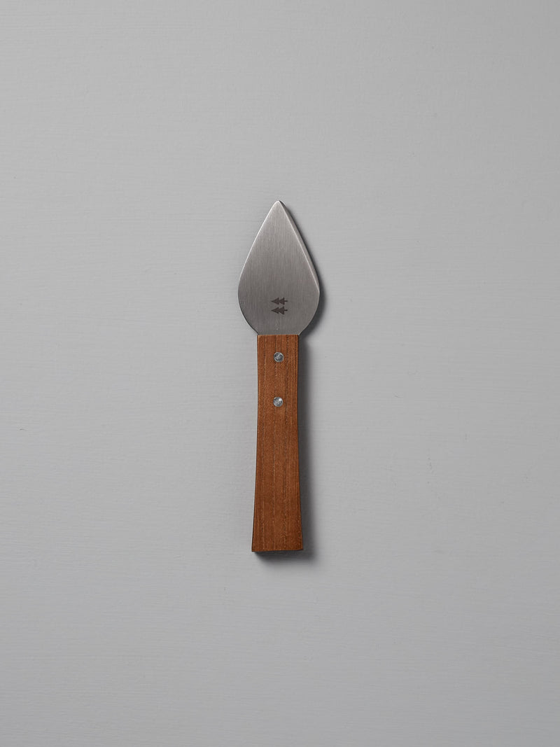 The Morinoki Hard Cheese Knife by Shizu Hamono Co., featuring a pointed stainless steel blade and straight wooden handle, is centered on a plain light gray background.