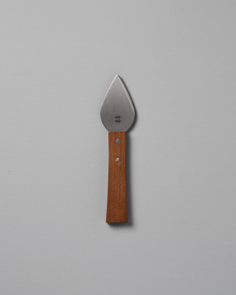 The Morinoki Hard Cheese Knife by Shizu Hamono Co., featuring a pointed stainless steel blade and straight wooden handle, is centered on a plain light gray background.