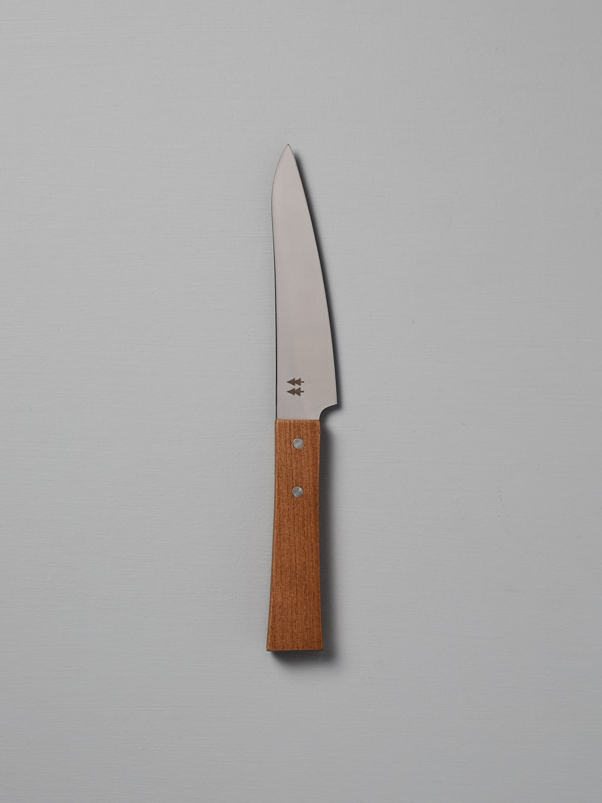 A Morinoki Petite Knife by Shizu Hamono Co., featuring a stainless steel blade and a Japanese Zelkova wood handle, lies on a plain light gray surface.