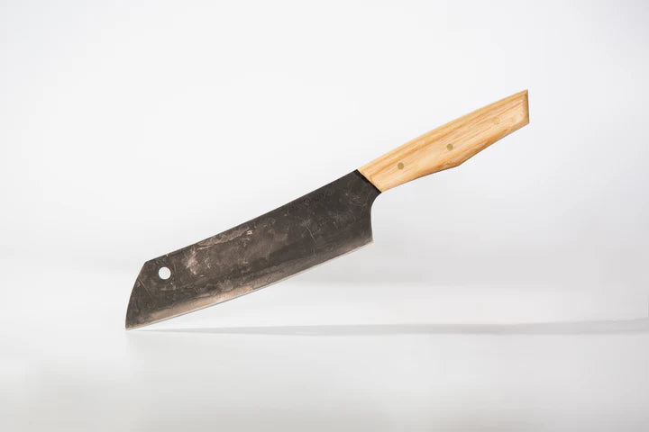 The №5 – Gourmet Knife is a large handcrafted kitchen knife featuring a wooden handle and a dark Swedish carbon steel blade, shown against a plain white background.
