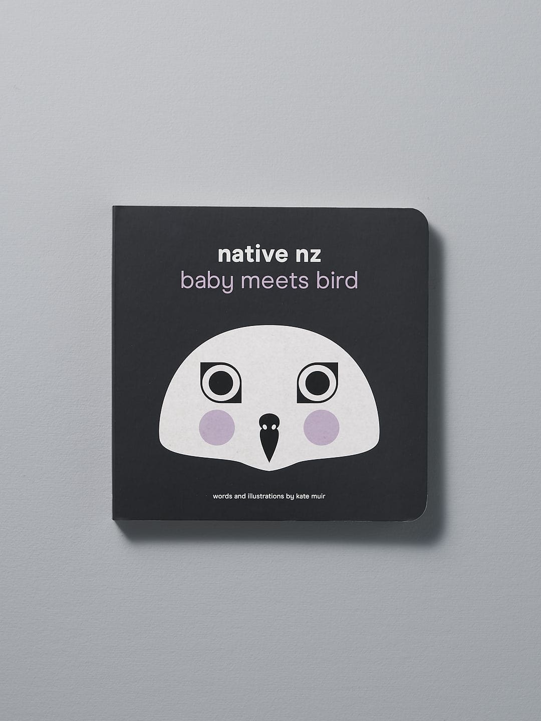 A board book titled "Native NZ Baby Meets Bird" with a simple New Zealand birds illustration on the cover by Kate Muir.