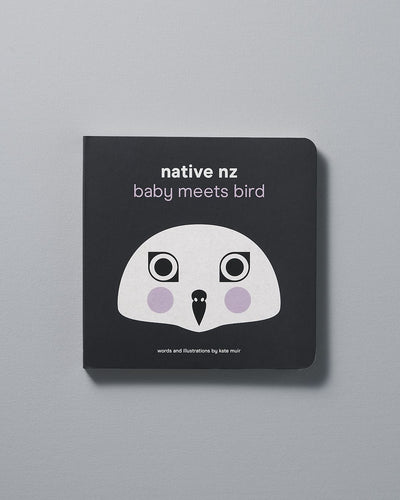 A board book titled "Native NZ Baby Meets Bird" with a simple New Zealand birds illustration on the cover by Kate Muir.