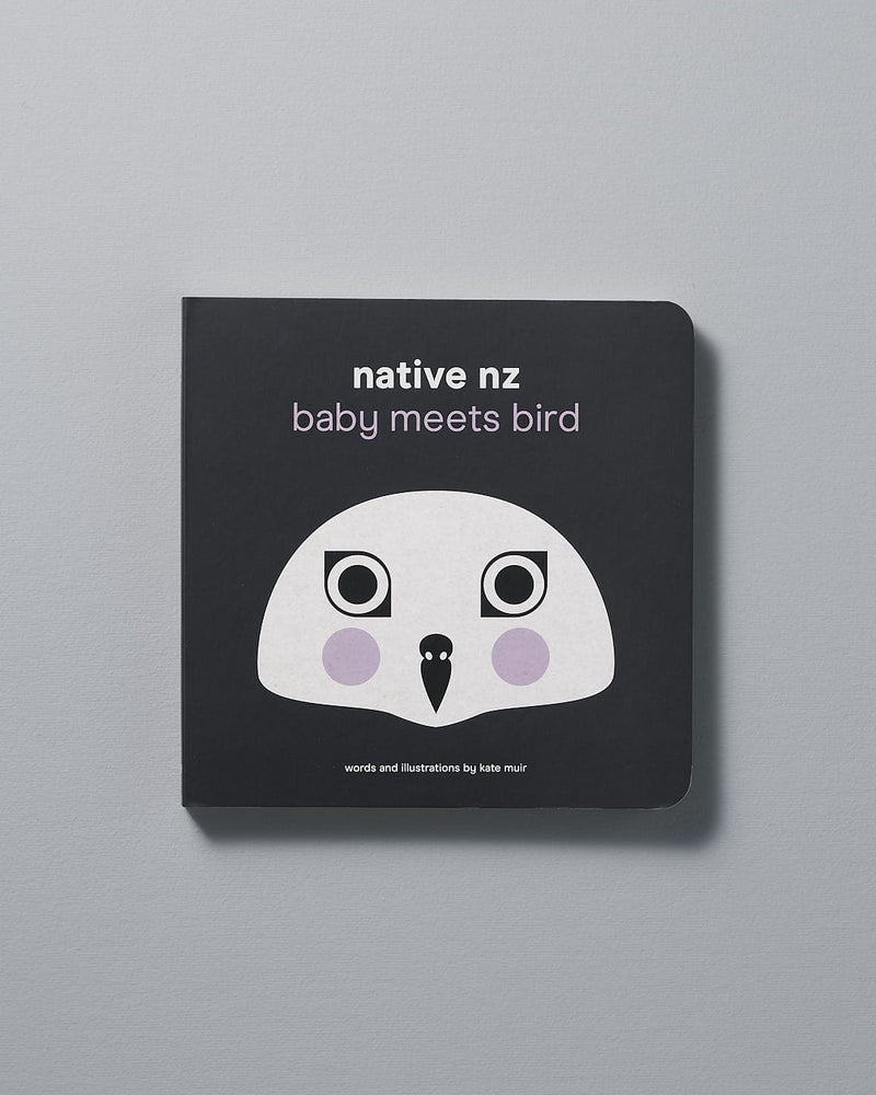 A board book titled "Native NZ Baby Meets Bird" with a simple New Zealand birds illustration on the cover by Kate Muir.