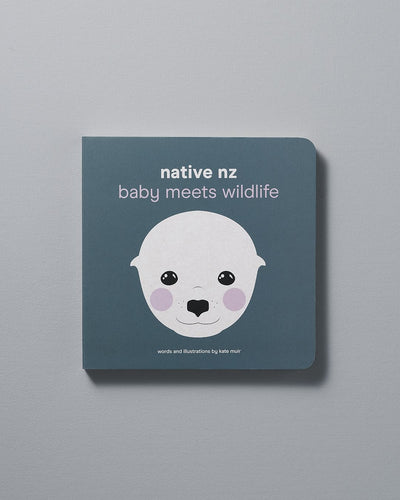 A board book titled "Native NZ Baby Meets Wildlife" by Kate Muir with an illustration of a stylized animal on the cover.