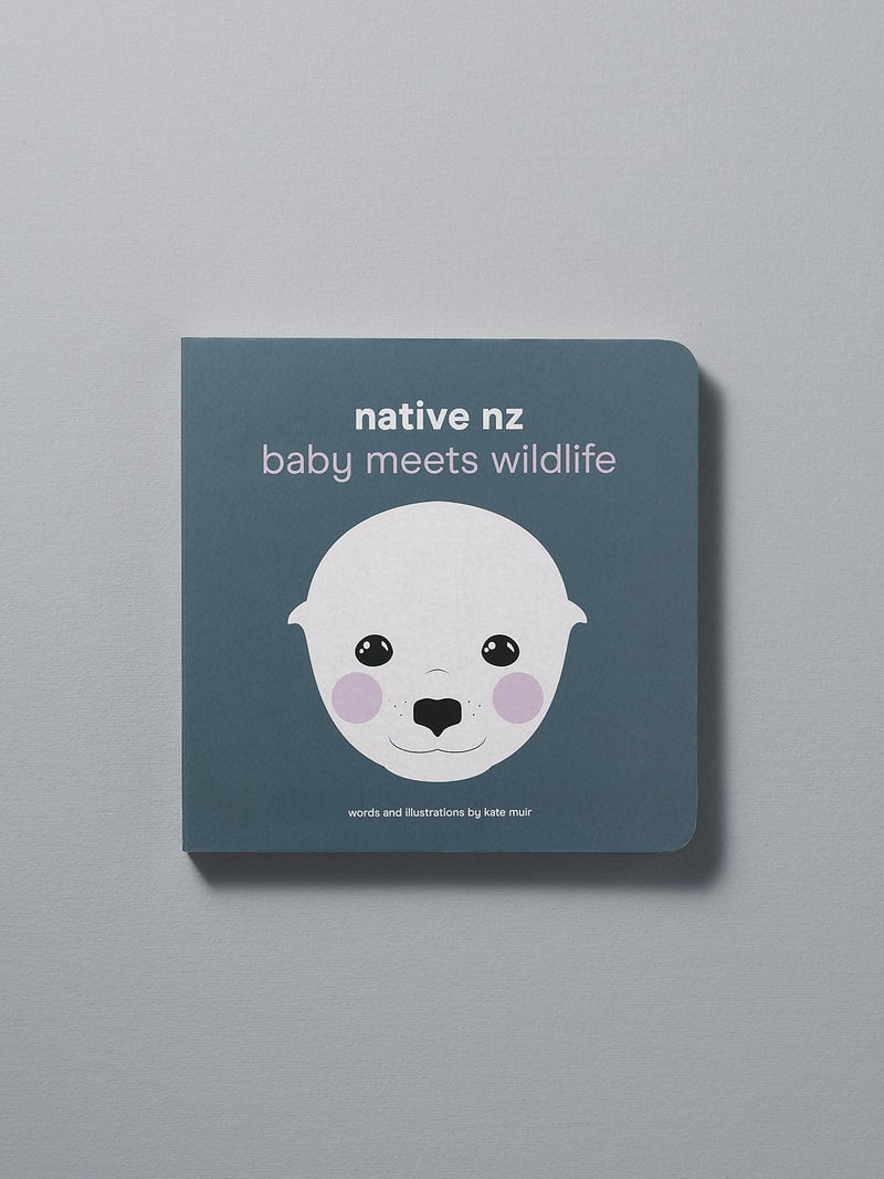 A board book titled "Native NZ Baby Meets Wildlife" by Kate Muir with an illustration of a stylized animal on the cover.