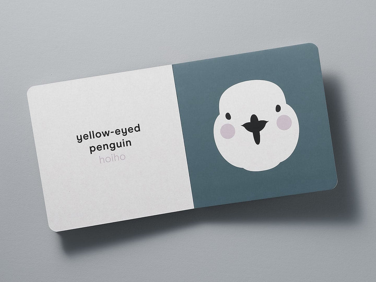 Business card with an illustration of a penguin, featuring the text &quot;New Zealand yellow-eyed penguin hoiho&quot; from Native NZ Baby Meets Wildlife – by Kate Muir.