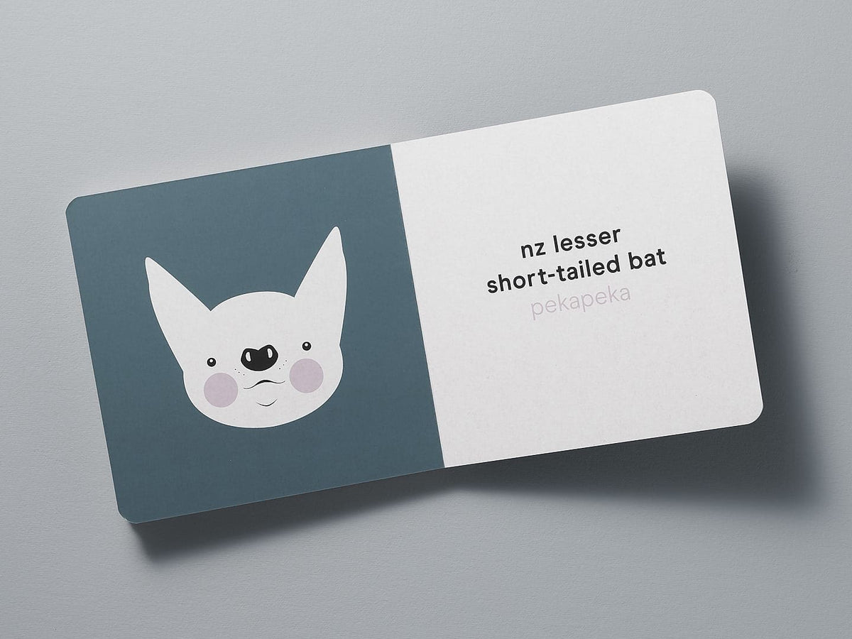 A Native NZ Baby Meets Wildlife board book business card with a cute bat illustration and text indicating &quot;nz lesser short-tailed bat, pekapeka,&quot; celebrating New Zealand wildlife by Kate Muir.