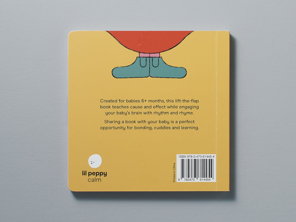 A colorful children&#39;s board book titled &quot;Let&#39;s Go Ruru&quot; by Kate Muir, with an illustration of Ruru the elephant&#39;s lower body and text describing its educational benefits for babies aged 6 months and up.