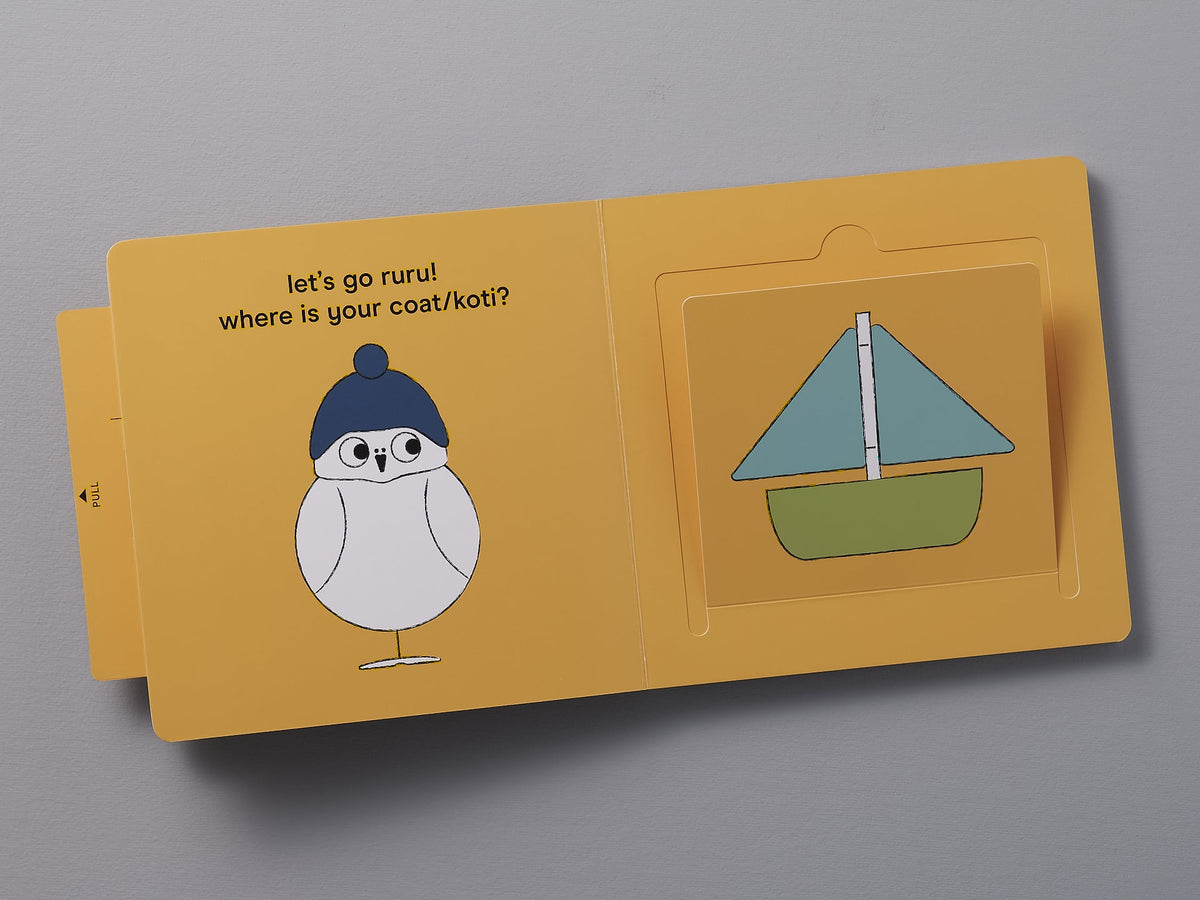 A children&#39;s book page featuring an illustration of a penguin and a coat on an hanger with the text &quot;Let&#39;s go on an exciting adventure, Ruru! Where is your Let&#39;s Go Ruru – by Kate Muir?
