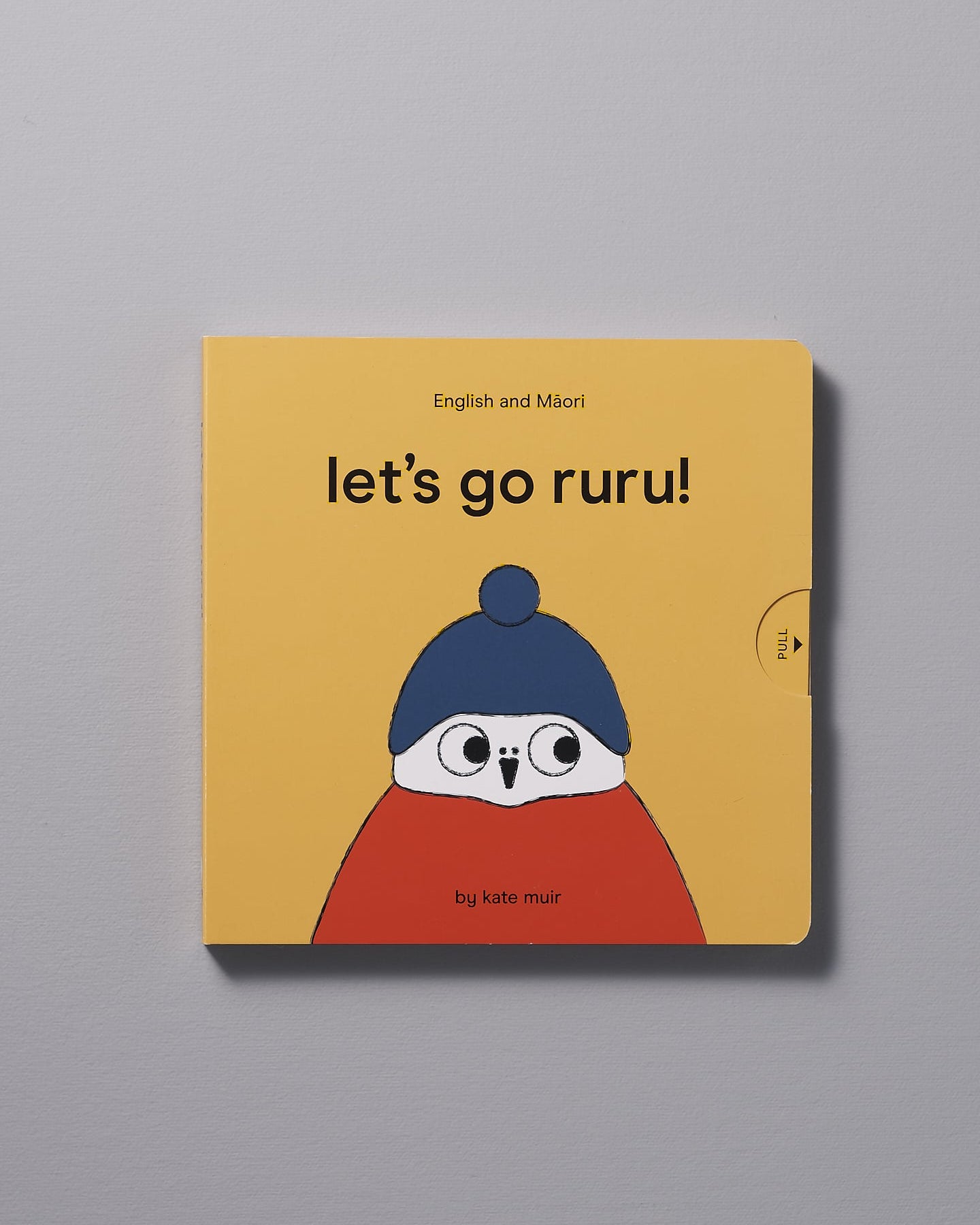 A children's book titled "Let's Go Ruru – by Kate Muir", an exciting adventure featuring English and Te Reo Maori languages, with an illustration of a cartoon owl on the cover