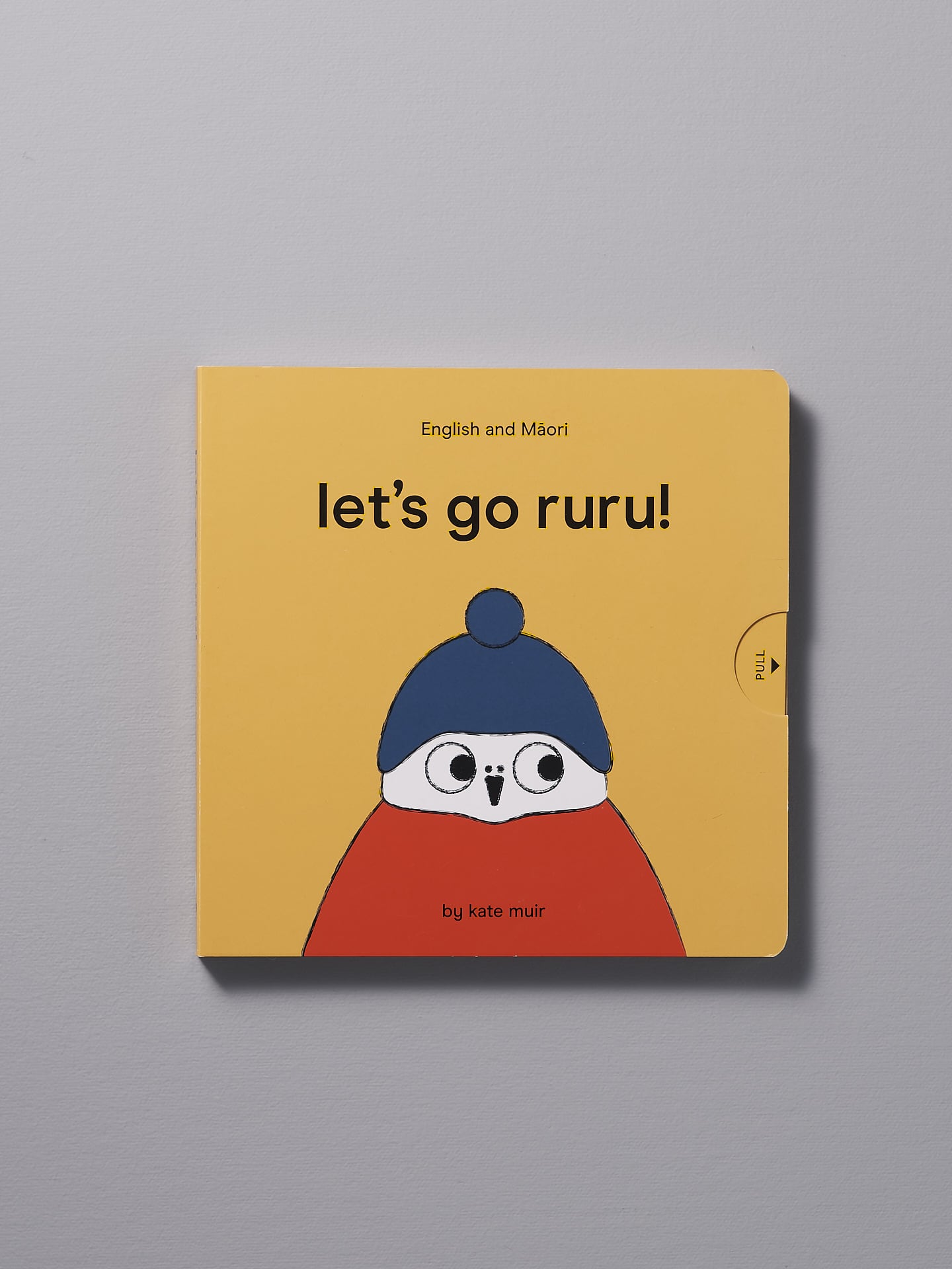 A children's book titled "Let's Go Ruru – by Kate Muir", an exciting adventure featuring English and Te Reo Maori languages, with an illustration of a cartoon owl on the cover