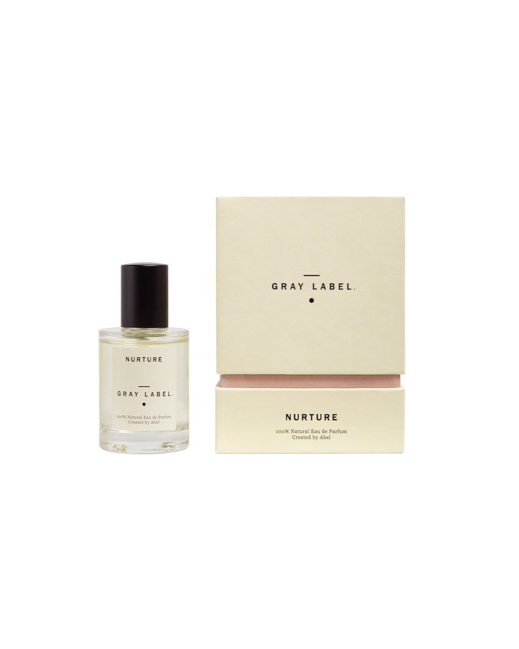 A bottle of NURTURE - grey label fragrance with a box next to it.