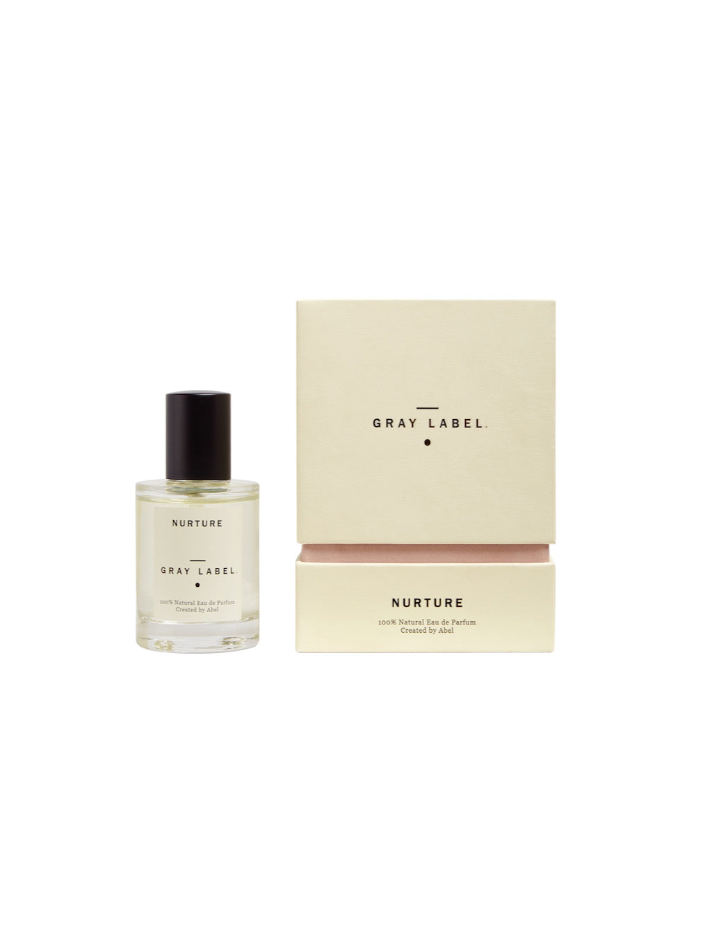 A bottle of NURTURE - grey label fragrance with a box next to it.