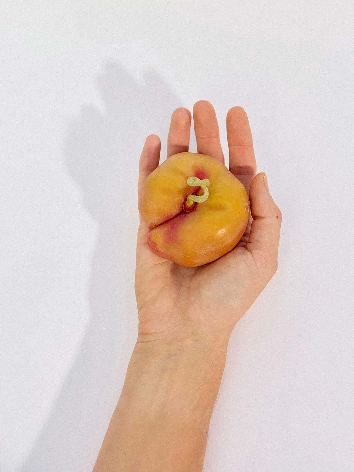 A hand holds a Flat Peach Candle with a misshapen yellow form and small green stem, resembling a real peach, against a plain white background.