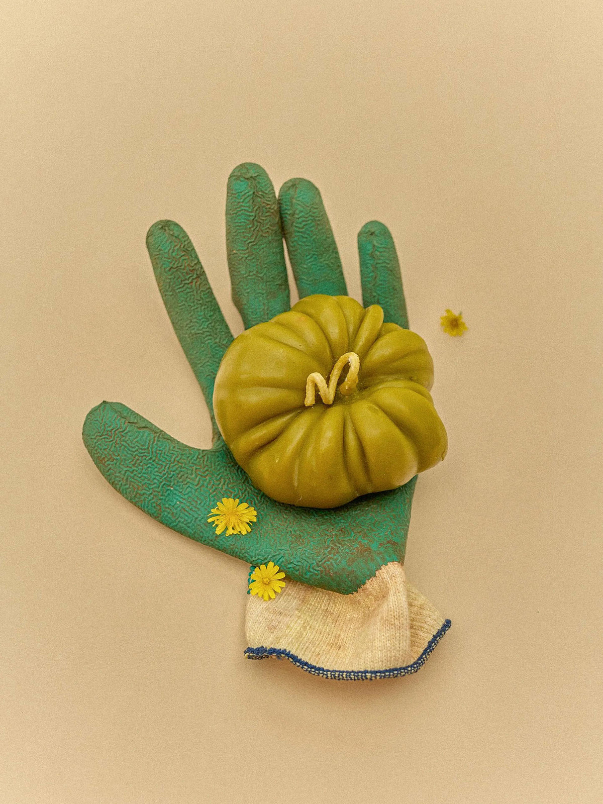A green gardening glove holds a large Green Heirloom Tomato Candle, two yellow flowers, and a small green pumpkin, all arranged on its palm against a beige background.