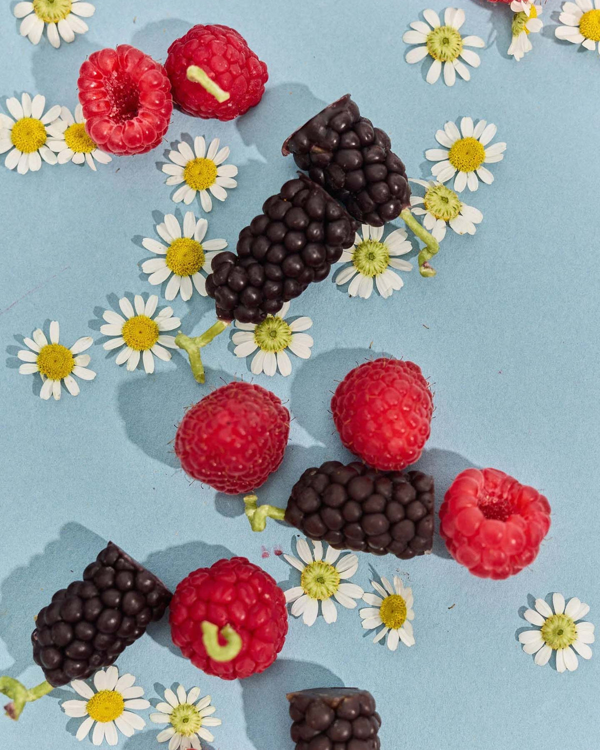Mixed Berries Candles – Box of 12 are scattered on a light blue surface, creating a charming display perfect for birthday cake decorations.