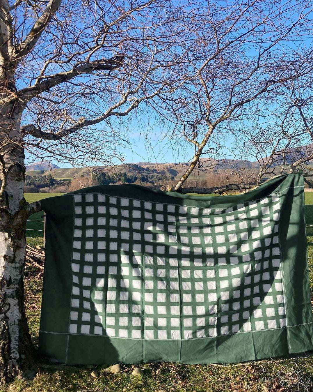 A Stitchwallah Ikat Weave Tablecloth – Green Grid hanging on a tree in a field.