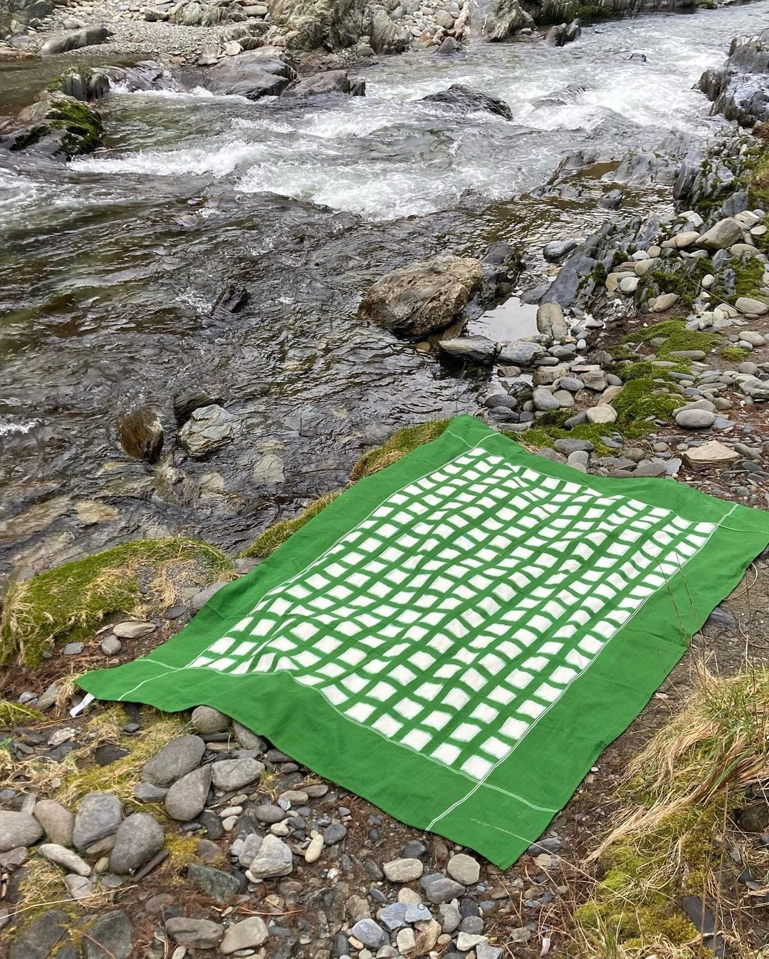 A Ikat Weave Tablecloth – Green Grid by Stitchwallah on the ground next to a river.