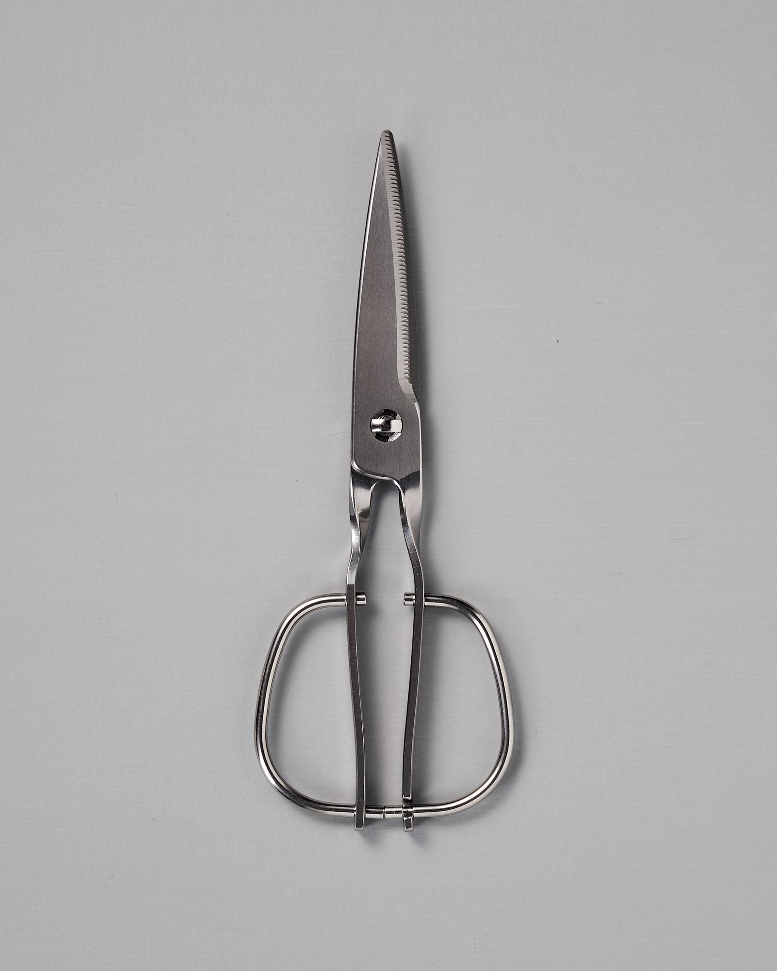 A pair of stainless steel kitchen shears with wide handles is placed on a plain gray surface.