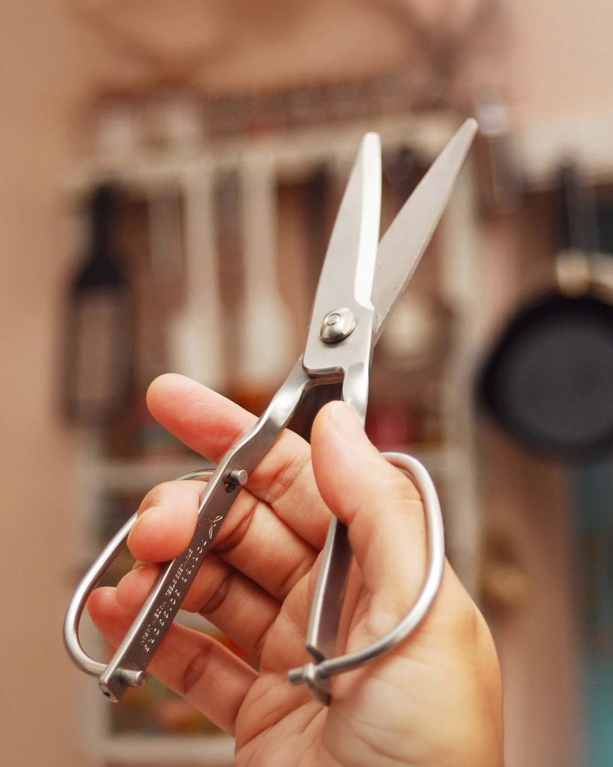 A hand holds a pair of vintage metal scissors with looped handles, positioned against a blurred kitchen background.