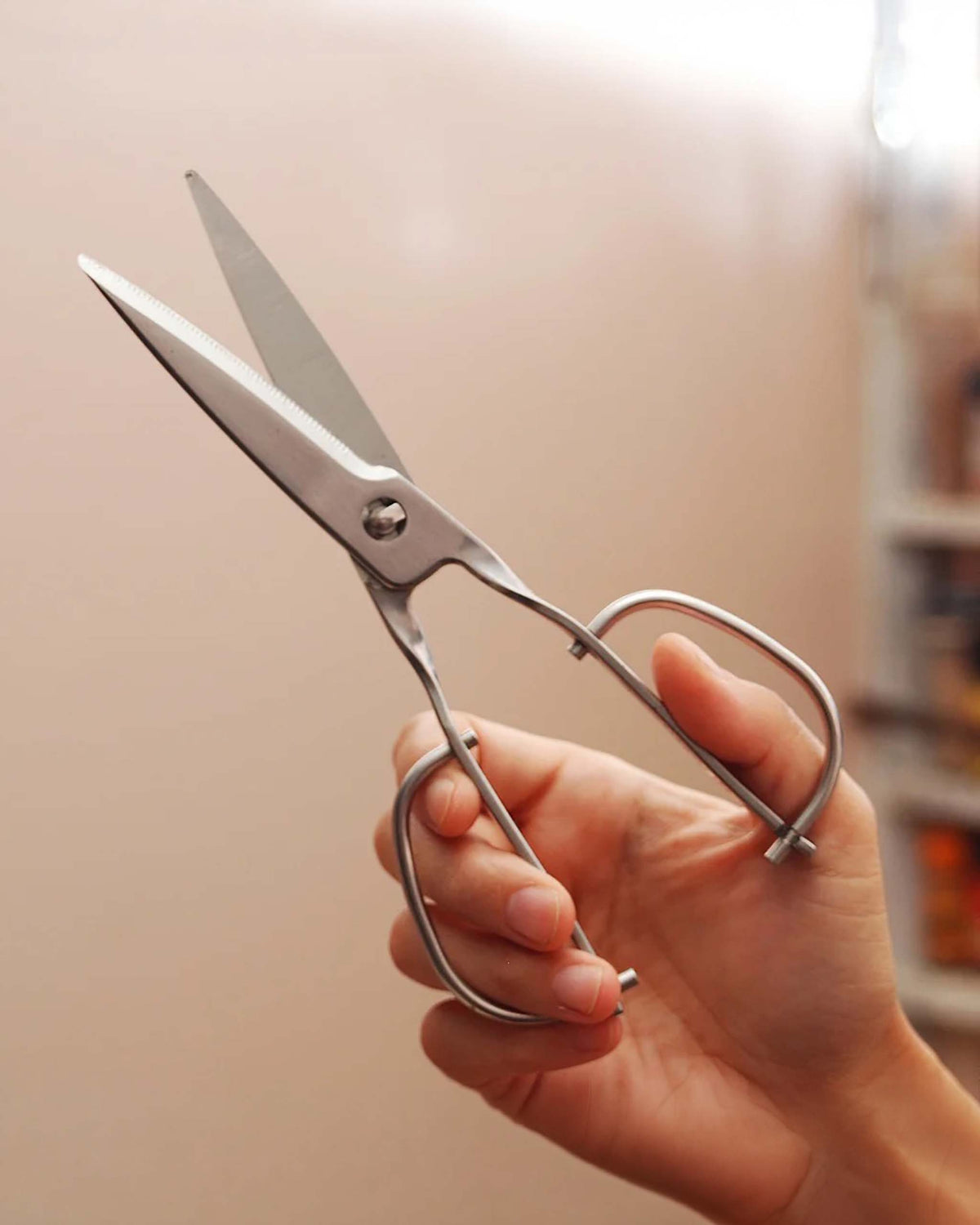 A hand holding a pair of stainless steel kitchen scissors with an ergonomic handle against a blurred indoor background.