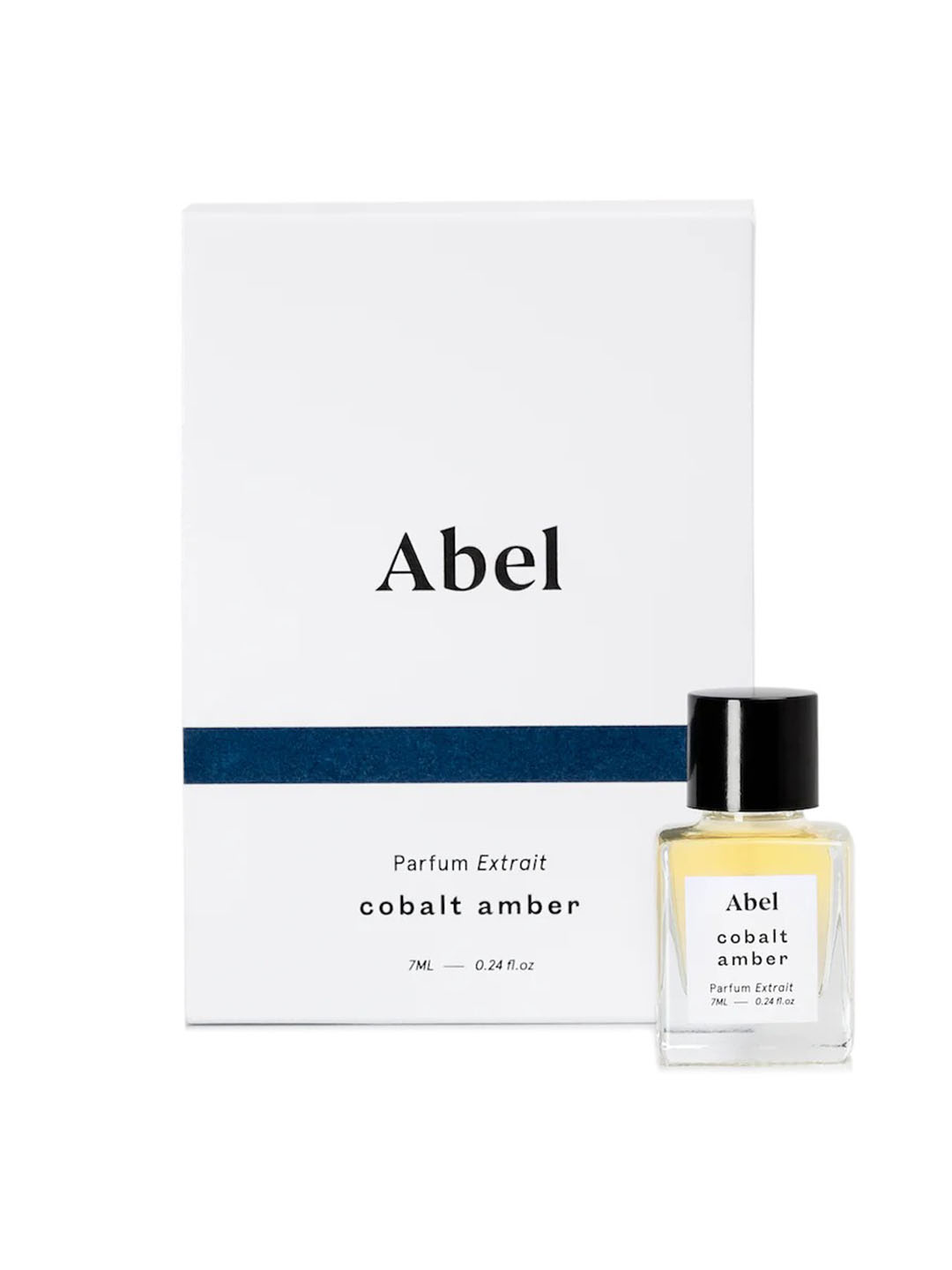 An Abel Cobalt Amber Parfum Extrait – for comfort with a natural scent in front of a box.