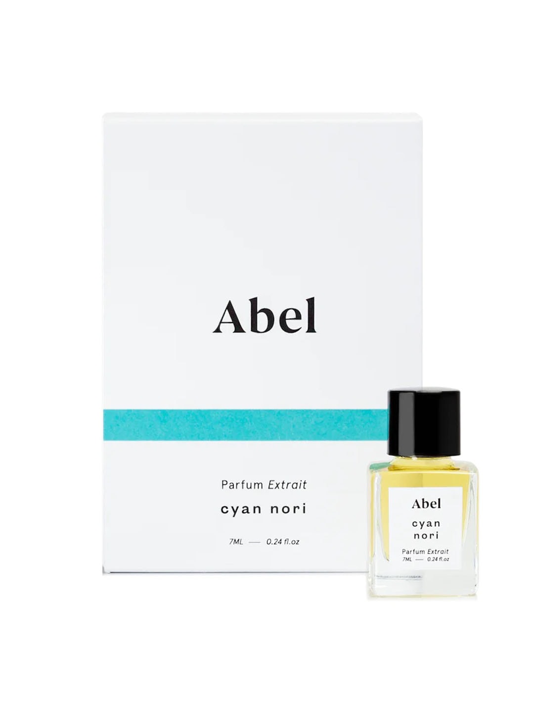 A bottle of Abel Cyan Nori Parfum Extrait – for joy in front of a box.