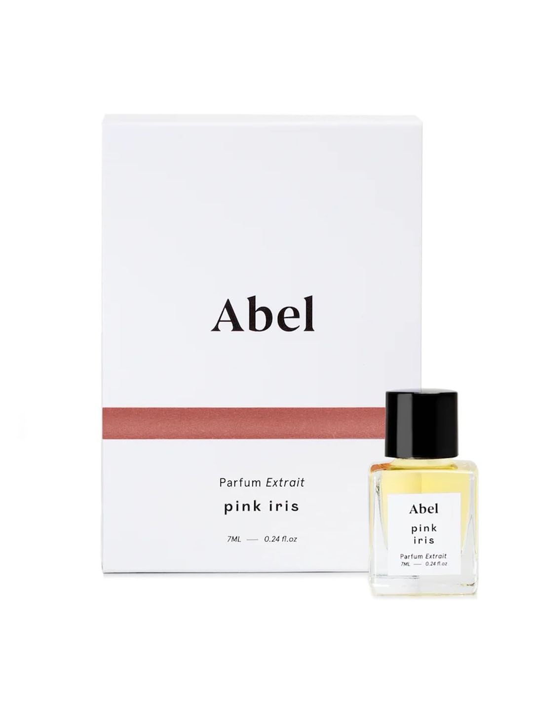 A bottle of Pink Iris Parfum Extrait by Abel in a pink box with a captivating scent.