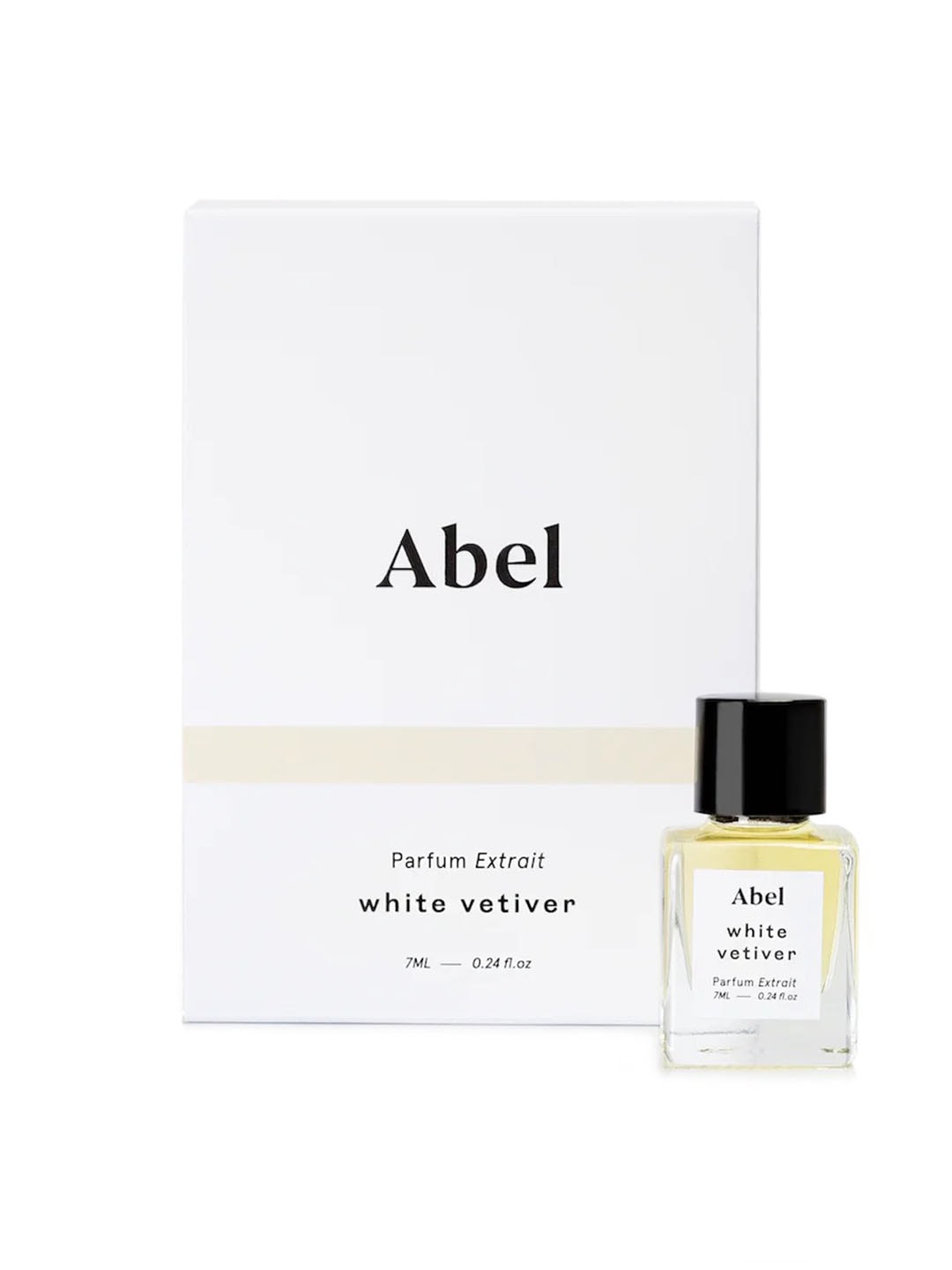 A bottle of White Vetiver Parfum Extrait – for energy by Abel in front of a white box.