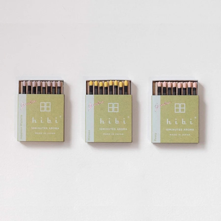 Three boxes of hibi Match Box Incense – Garden Scent Gift Boxes on a white surface.