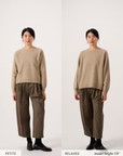 Side-by-side comparison of a woman wearing the Nimbus Raglan Knit – Truffle sweater, labeled “PETITE FIT” on the left and “RELAXED FIT” on the right, showcasing the difference between a tailored fit and a looser style.