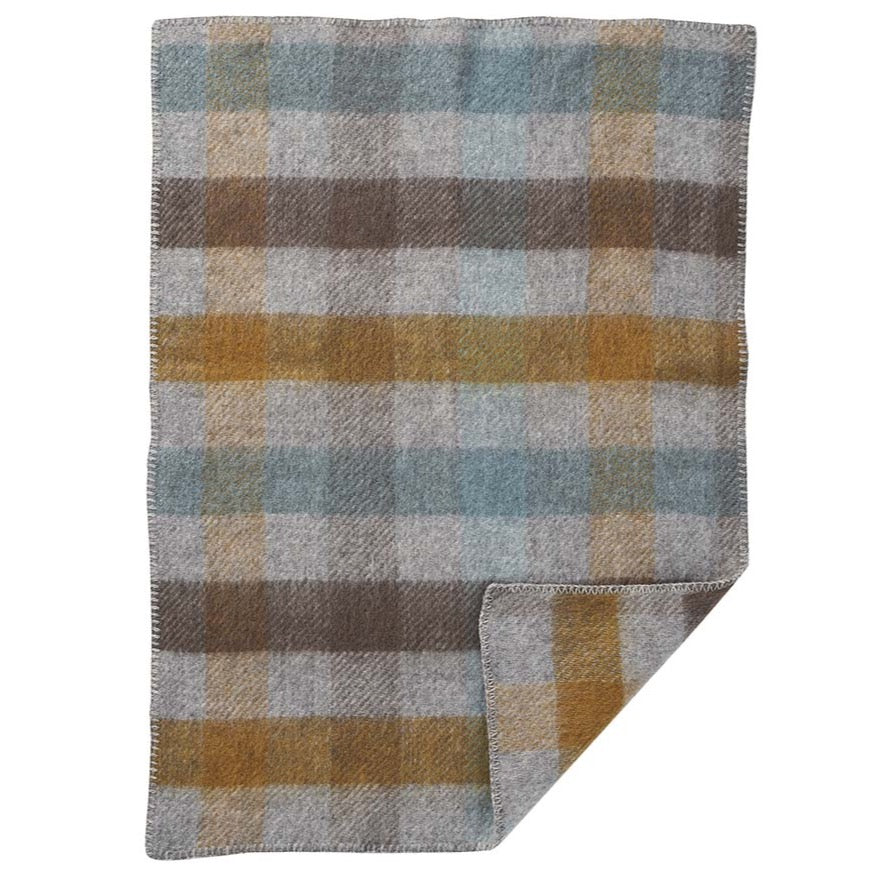 A Gotland Wool Baby Throw – Multi Turquoise blanket by Klippan on a white background.